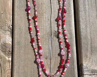 Handmade Beaded Necklace with Mini Glass Mushroom Pendant