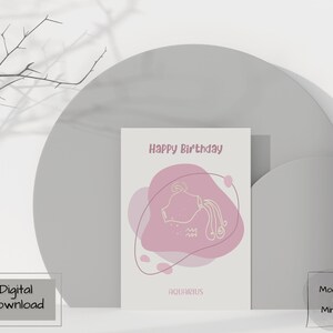 Carte imprimable d'anniversaire Verseau, 20 janvier au 18 février, signe du zodiaque Verseau, carte PDF à téléchargement immédiat de 5 x 7 pouces. Moderne et minimaliste.