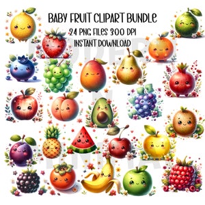 Pacchetto di clipart di frutta per bambini carino / 24 file PNG 300 DPI / pacchetto di arte di frutta per bambini Download istantaneo