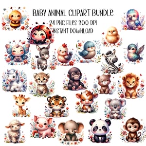 Pacote de clipart de animal bebê fofo | 24 arquivos PNG 300 DPI | Download instantâneo do pacote de arte de animais para bebês