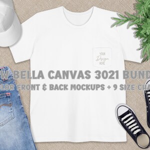 Bella Canvas 3021 Mockup Bundle Camiseta unisex con bolsillo 21 maquetas planas delanteras y traseras Tablas de tallas métricas e imperiales Camiseta Bella+Canvas 3021