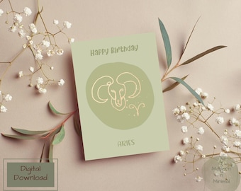 Aries Birthday Printable Card, March 20 to April 19, Aries Zodiac Sign, The Ram, Instant Download PDF 5x7 inch card. Modern & Minimal.