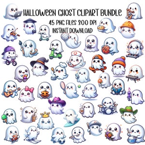 Halloween Ghost Clipart Bundle 45 Cute Ghost PNG Files 300 DPI Instant Download Halloween Digital Art Ghost Illustrations for Crafts