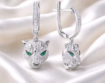 Leopard Sterling Silver Earrings With Sparkling CZ and Green Spinel & Gift Box