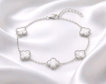 スターリングシルバー製マザーオブパールクローバーブレスレット、幸運のお守り、女性へのギフト