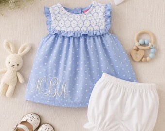 Monogramed Infant/Toddler Girls Lace Overlay Ruffle Sleeve Dress and Bloomer Set