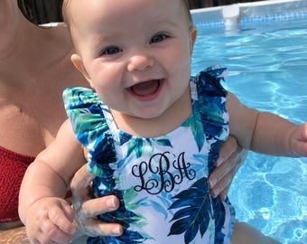 Monogramed Baby/Toddler Girl Swim Suit with Tropical Palm Leaves