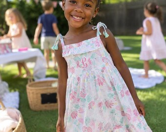 Monogrammed Organic Cotton Dress with Tassels and Headband, Infant Toddler Girls
