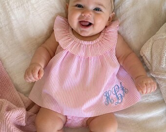 Monogramed Baby/Toddler Girls Ruffle Collar Stripped Dress with Bloomers