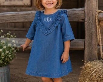 Monogrammed Toddler Girl Chambray Denim Dress with Ruffles – Gift for Baby Girl