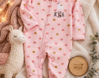 Monogrammed Llama Heart Cotton Baby Romper: Blue White Footsie Pajamas