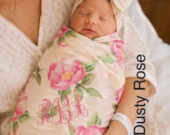Monogramed Extreme Soft Baby Wrap/Swaddle with Matching Bow Headband