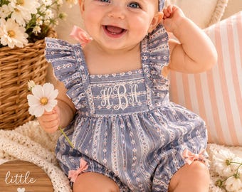Monogramed Baby/Toddler Girls Cotton Flutter Sleeve Bubble Romper w/Bows With Headband