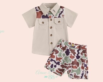 Monogramed Baby/Toddler Boys & Girls Camo Hunting Outfit Shirt with Matching Shorts