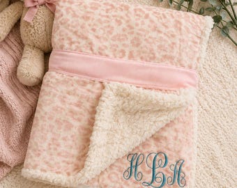 Monogramed Baby/Toddler Soft Warm Snuggly Reversible Baby Blanket with Leopard Print