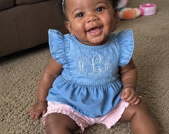 Monogrammed Toddler Baby Girl Chambray Ruffle Shirt – Cotton Scoop Neck Outfit