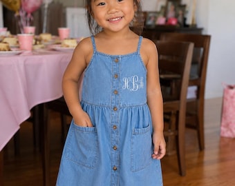Monogrammed Toddler Girl Cotton Chambray Denim Sun Dress – Gift for Baby