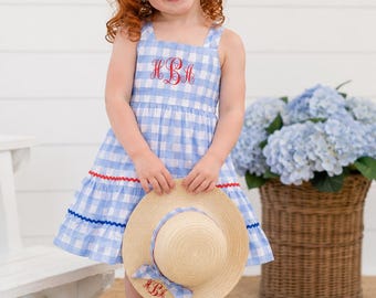 Monogrammed Girl Gingham Dress Red White Blue Rickrack Trim Hat