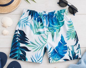 Monogramed Baby/Toddler Boy Swim Trunk with Tropical Palm Leaves