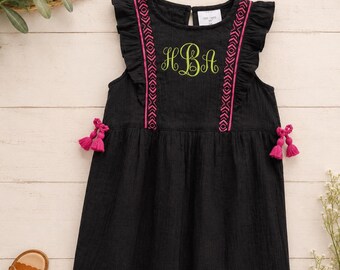 Monogramed Infant/Toddler Girls Black with Pink Embroidery, and Tassels