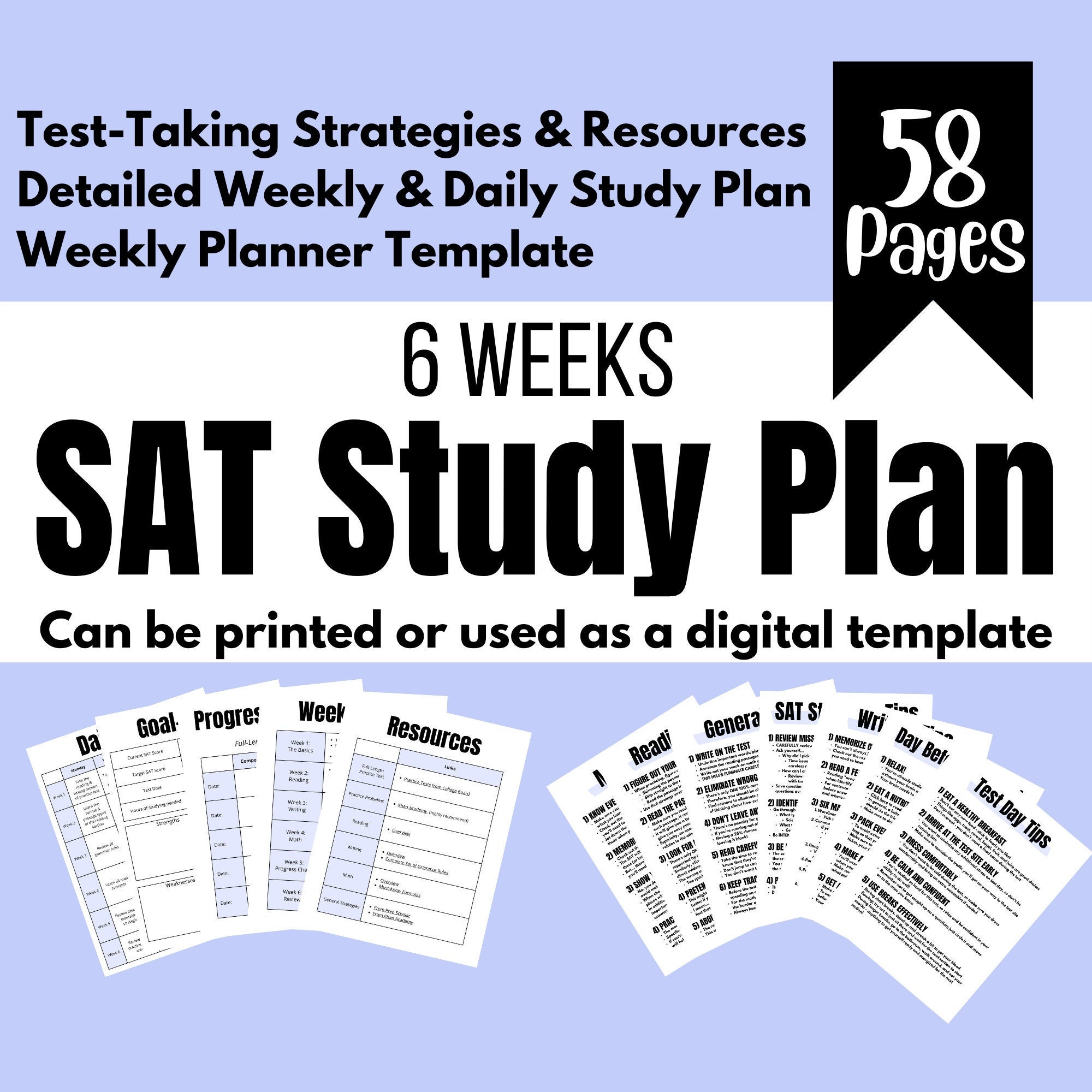 2022 Student 6 Weeks SAT Prep Study Plan Printable SAT Study Planner