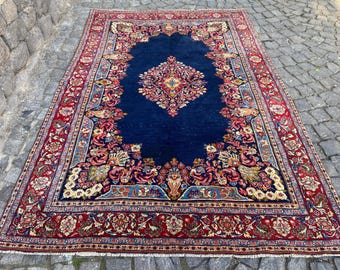 Persian Rug Vintage Turkish Rug Antique Rug Runner Rug - 5.9x8.9 Ft Rug Hand Woven Wool Rug Aesthetic Rug - Oriental Floral navy blue Rug