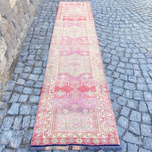 Vintage Persian Rug, Turkish Rug Runner Rug, 2.7x12.6 Feet Rug, Soft Rug Antique Rug, Persian Floor Rug, Pastel Pink Rug, Kitchen Rug