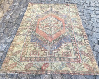 Persiani Rug, Vintage Small Rug, Antique Rug, Hand Knotted Rug, 3.7x5.3 Ft Rug, Turkish Rug, Oushak Rug, Boho Rustic Rug, Pastel Rug