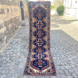 Antique Persian Runner Rug 2.5×9.5 ft – Handwoven Wool Rug – Geometric Navy Blue Hallway Carpet - Turkish Runner rug - Oriental Rustic Rug