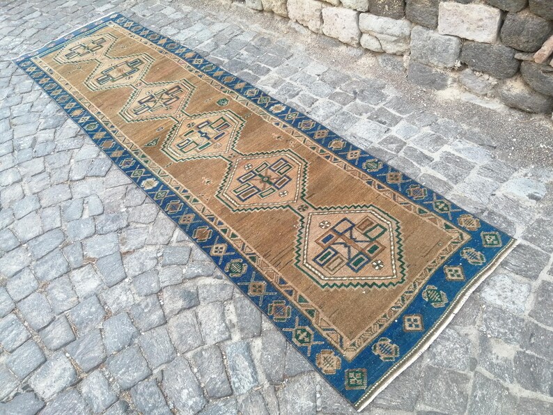 Runner Rug Persian Vintage Runner Rug, Brown and Blue Runner Rug