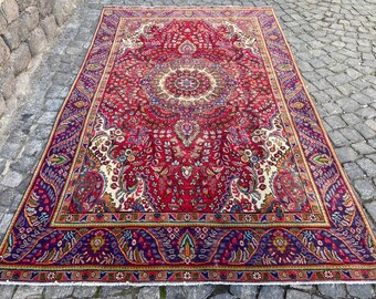Persian rug Vintage Rug 6.1x9.8 Ft Rug - Large Rug - Antique Rug - Wool Rug Turkish Rug - Original Handwoven Rug - Area Rug Red Blue Rug