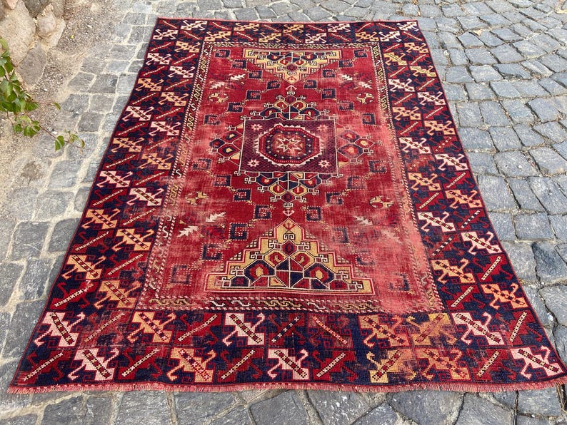 Antiker Teppich Vintage türkischer Teppich - 150x200 cm alter Teppich - Handgeknüpfter alter Teppich - Anatolischer Teppich Bild 2
