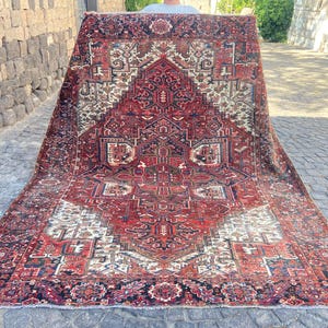 Persian rug - Vintage Antique Rug - 7.7x9.5 Feet Rug - Hand Knotted Rug - Large Rug - Red Blue Heriz Rug - Oriental Rug - Unique Wool Rug