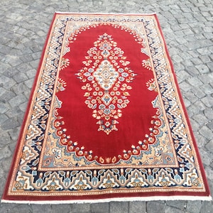 Persian Rug Red Blue Area Rug - Hand Woven Rug - Persian Rug 3.8x6.7 Ft Rug - Antique Rug Large Rug - Wool Rug Oriental Tribal Gabbeh Rug