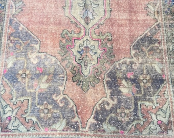 Turkish Rug - Persian Rug - Vintage Floor Rug, Persian Aged Red Blue Rug, 4.4x9 Ft Rug, Retro Hand Made Wool Rug, Area Rug, Antique rug,