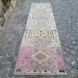 Vintage Persian Rug, Runner rug Antique Persian Pink Rug, 2.9x11.6 Feet rug, Karaca Runner Rug, Turkish Rug, Area Rug, Aged Boho Rug,