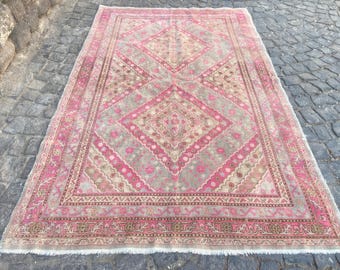 Vintage Persian Rug Turkish Rug 5.3x8.5 ft - Faded Pink Large Carpet - Hand Knotted Pastel Rug - Boho Home Decor Rug - Antique Wool Area Rug