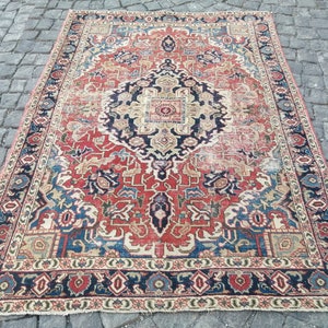 Persian rug, Vintage Antique Rug, Persian floral rug, 4x5.9 Feet Rug, Turkish Special Pattern Rug, Red Blue Rug, Area Rug, Large Rug,
