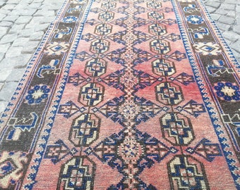 Persian Rug Runner Rug Turkish Rug - 3.4x10.5 Ft Rug Aged Red Blue Color Rug - Hand Knotted Old Rug - Aesthetic Rug Kitchen Decor Rug
