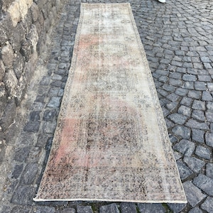 2.9x12.6 Ft Rug Turkish rug Vintage Rug Persiani Rug Runner rug - Aged antique Hallway Rug - Neutral Turkish rug Old Wool Rug Knotted rug image 3