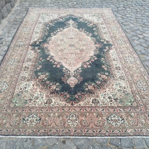 Authentic Turkish Oushak Vintage Rug 6.7×10.5 ft – Hand‑Knotted Wool Area Carpet – Muted Blue & Beige Tribal Floral Decor Rug Area Large Rug