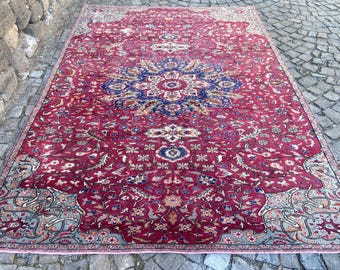 Turkish Rug Large Antique Area Rug Persian Rug Knotted Rug Hand Woven Wool Rug - Red Blue Rug 7.1x10 Ft rug Oriental Decor Rug Unique Rug