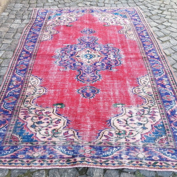 Aged rug, Turkish rug, Vintage rug, Vintage pale color rug, Red blue turkish rug, Area rug, Turkish floor rug, Area small rug, Old aged rug,