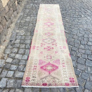 Vintage Antique Persian Rug, Runner Rug, Pink Oushak Pastel Rug, Rugs For Kitchen, 2.5 x 11 Feet Rug, Aesthetic Rug, Area Rug, Turkish Rug,