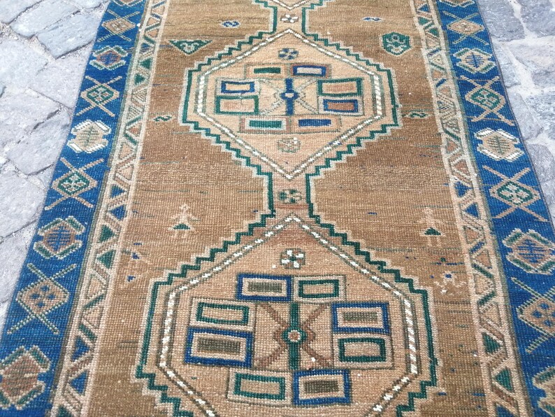 Runner Rug Persian Vintage Runner Rug, Brown and Blue Runner Rug