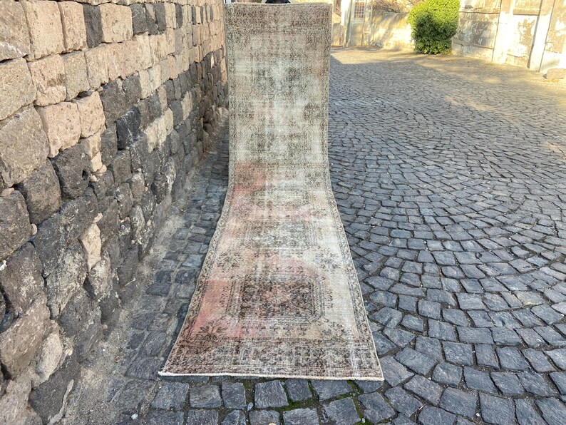 2.9x12.6 Ft Rug Turkish rug Vintage Rug Persiani Rug Runner rug - Aged antique Hallway Rug - Neutral Turkish rug Old Wool Rug Knotted rug image 2