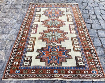 Turkish Rug Persian Rug - Vintage Geomatric Rug - Antique Rug Wool Rug - 3.2x4.9 Ft Rug - Vintage Persian Rug Hand Knotted Rug Original Rug