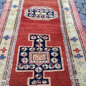 Vintage Antique Kazak rug, Persian Vintage rug, Caucasian rug, Runner rug, 2.9 x 9 Feet Rug, Turkish Rug, Red Oushak Rug, Floor rug,