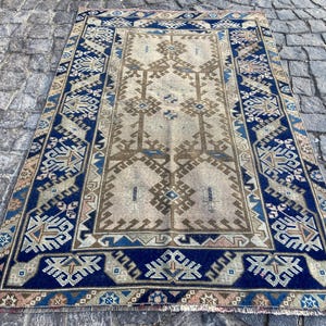 Vintage Persian Rug Turkish Rug 3.8x5.7 ft - Faded Blue Brown Carpet - Hand Knotted Rug - Boho Home Decor Rug - Antique Wool Area Rug