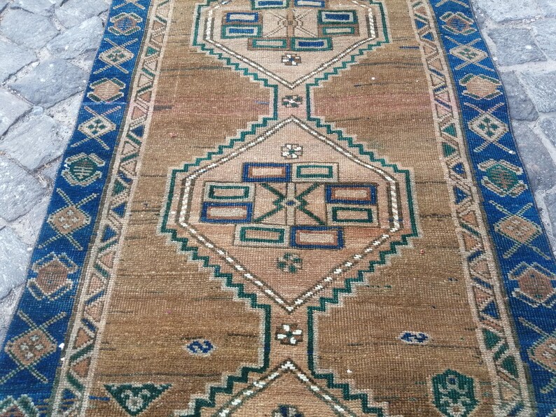 Runner Rug Persian Vintage Runner Rug, Brown and Blue Runner Rug
